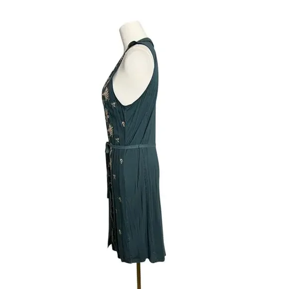 Embroidered Boho Dress Large Green Floral Sleeveless Belted Tiny Sundress - Picture 5 of 7
